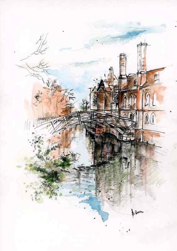 ORIGINAL ARTWORK - Mathematical Bridge, Queen's College, Cambridge